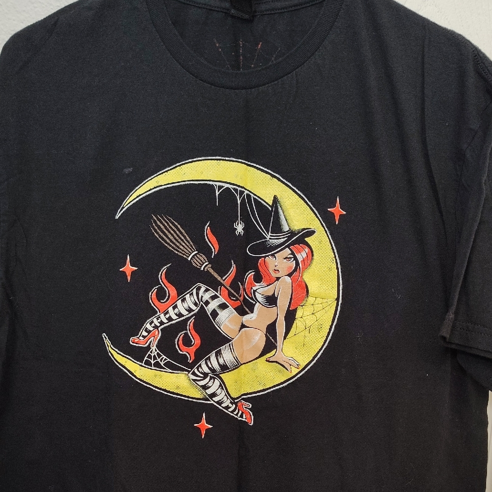 Gildan Black Tee with Witch and Moon Graphic